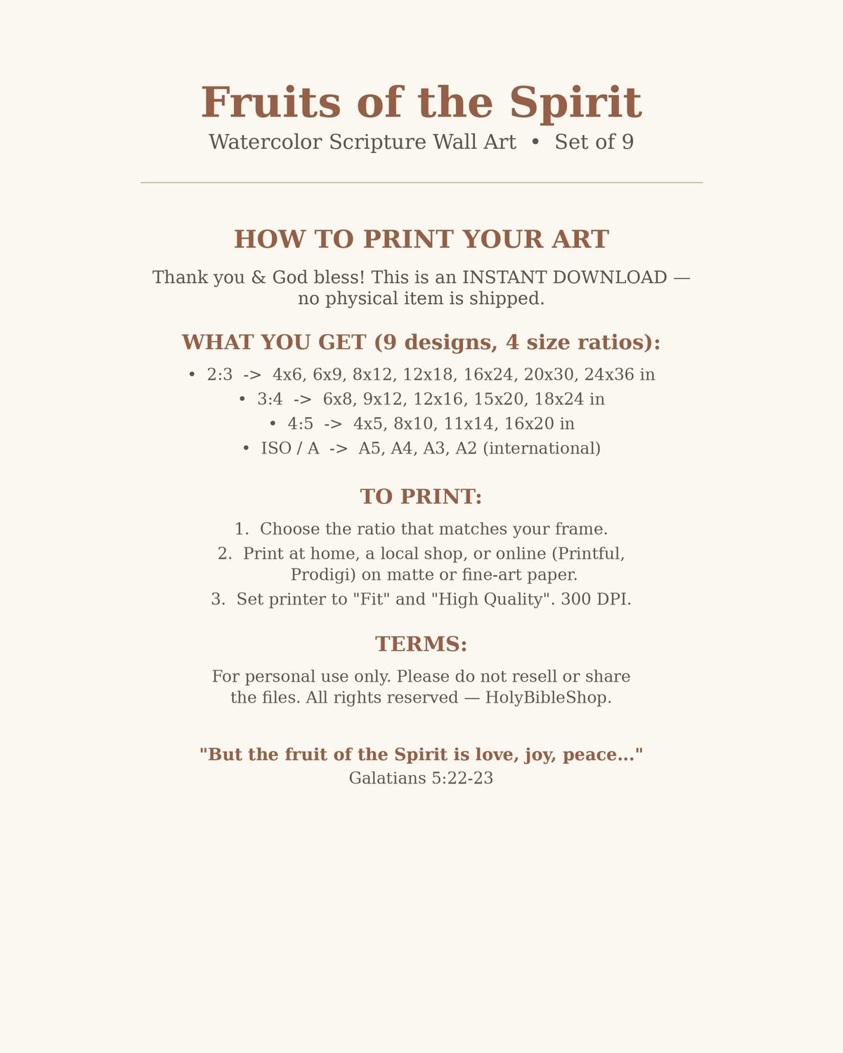 Fruits of the Spirit Wall Art Set, Christian Watercolor Scripture Prints (Instant Download)