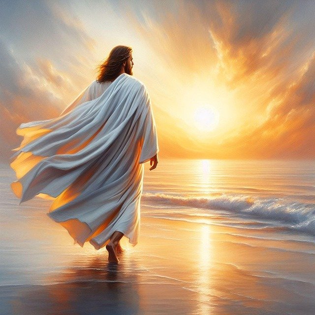 Jesus Walking Beach Christian Art Print, Watercolor Sunset Faith Decor (Instant Download)