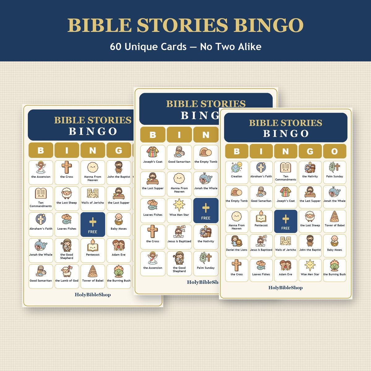 Bible Stories Bingo, 60 Printable Bible Bingo Cards, Sunday School Game, Bible Activity for Kids, Christian Game, VBS & Kids Church Game — image 4