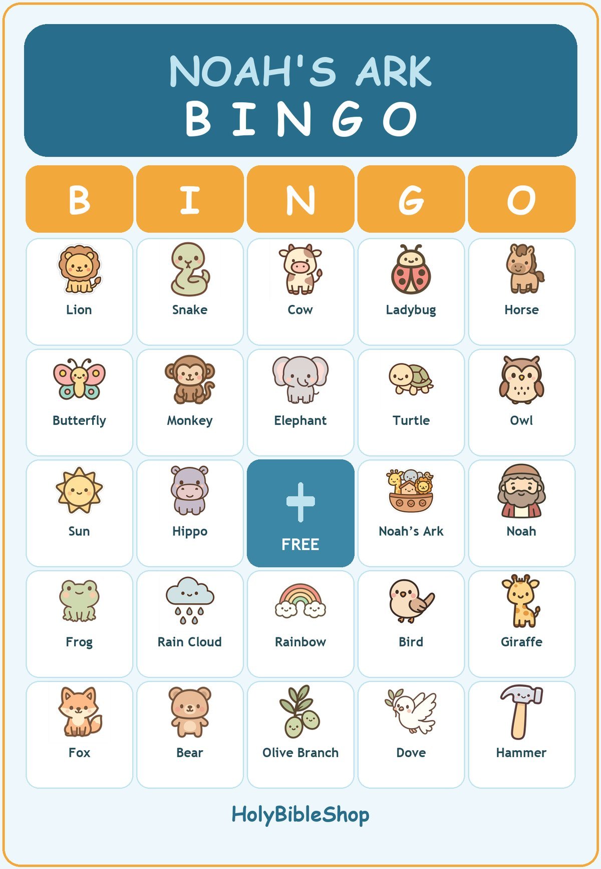 Noah's Ark Bingo, 60 Printable Bible Cards, Sunday School Game, Bible Activity for Kids, VBS Game, Christian Animal Bingo, Kids Church Game