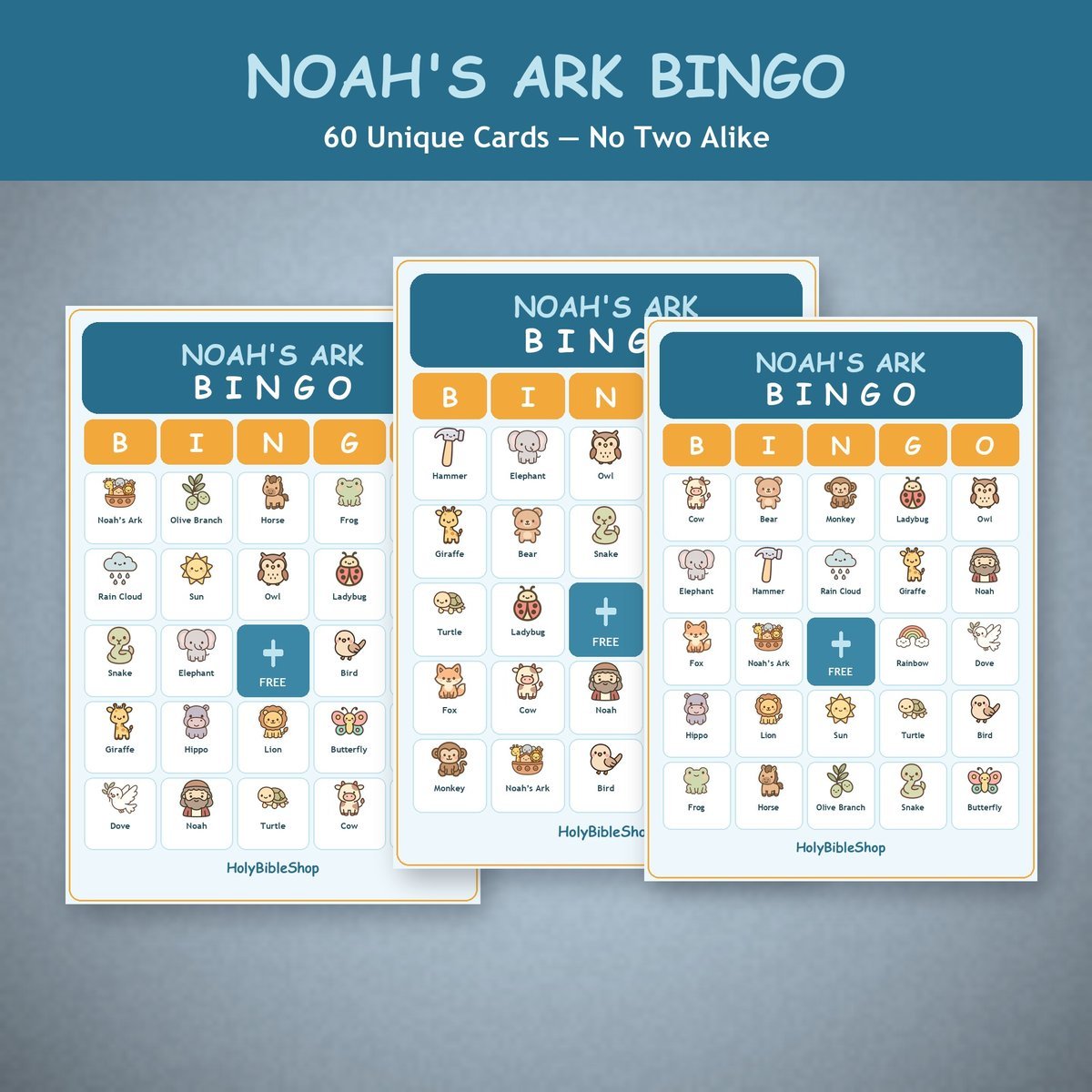 Noah's Ark Bingo, 60 Printable Bible Cards, Sunday School Game, Bible Activity for Kids, VBS Game, Christian Animal Bingo, Kids Church Game — image 4