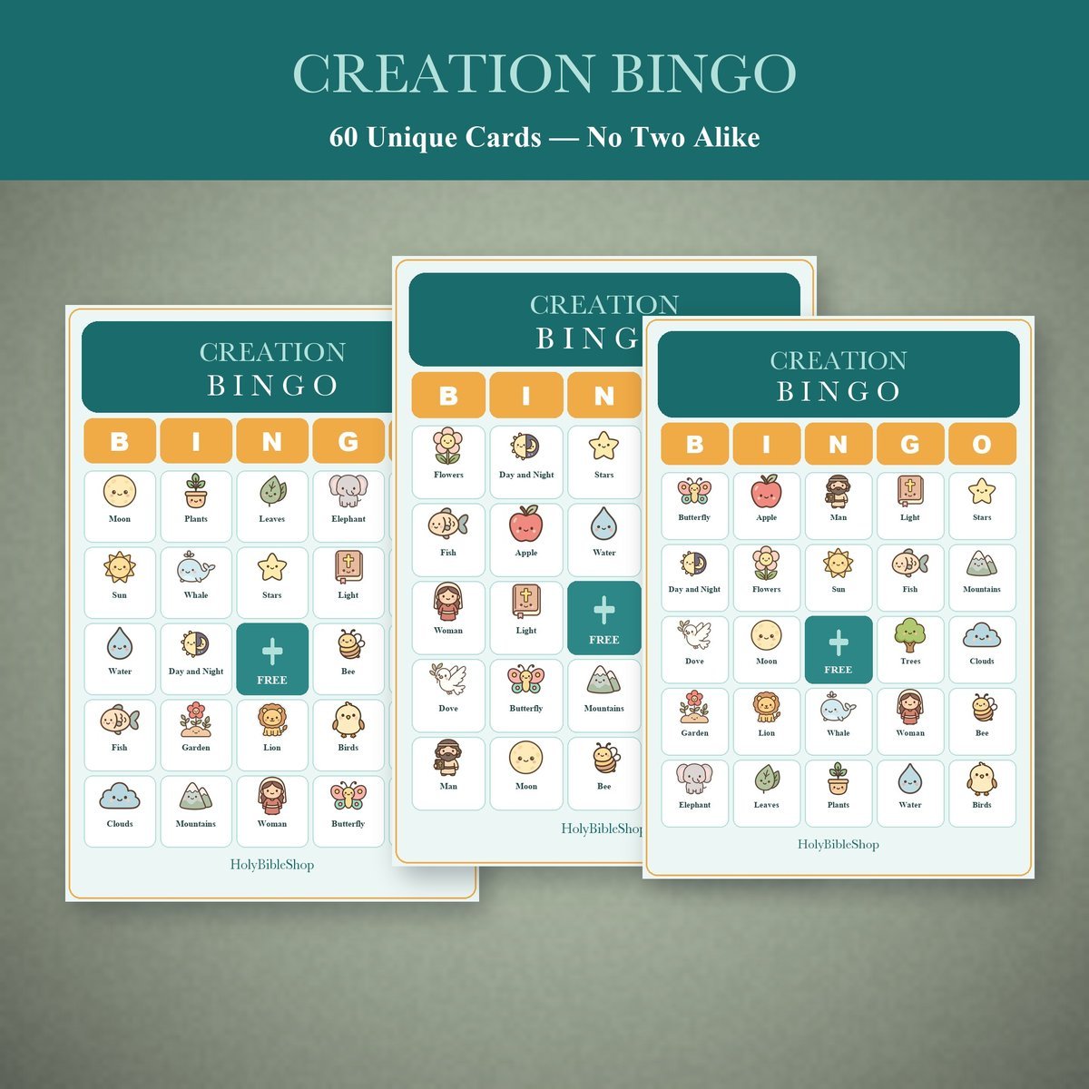 Creation Bingo, 60 Printable Bible Cards, 7 Days of Creation, Sunday School Game, Bible Activity for Kids, Genesis VBS Game, Kids Church — image 4