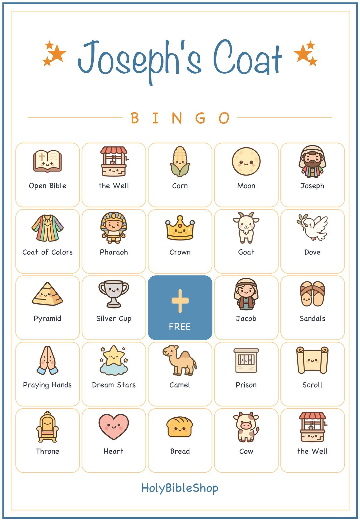 Joseph and His Coat of Many Colors Bingo, 60 Printable Christian Cards, Bible Story Game, Sunday School, Kids Bible Game