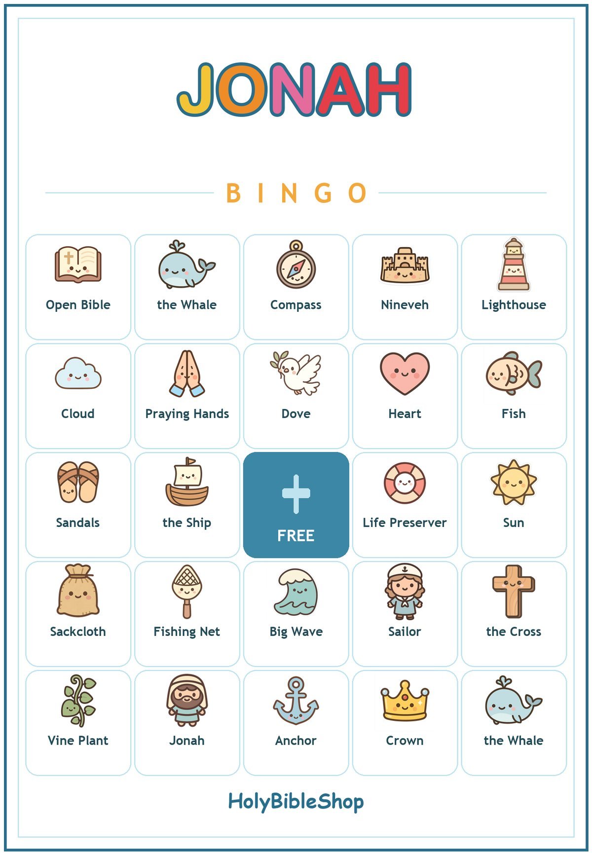 Jonah and the Whale Bingo, 60 Printable Christian Cards, Bible Story Game, Sunday School Activity, Kids Bible Game, Scripture Study