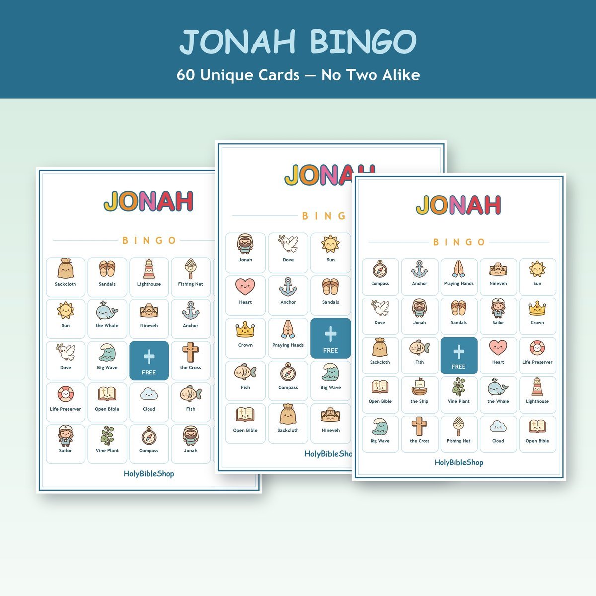 Jonah and the Whale Bingo, 60 Printable Christian Cards, Bible Story Game, Sunday School Activity, Kids Bible Game, Scripture Study — image 4