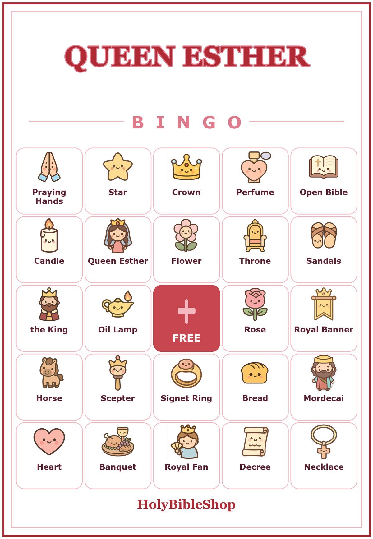 Queen Esther Bingo, 60 Printable Christian Cards, Bible Story Game, Sunday School Activity, Kids Bible Game, Women Bible Study