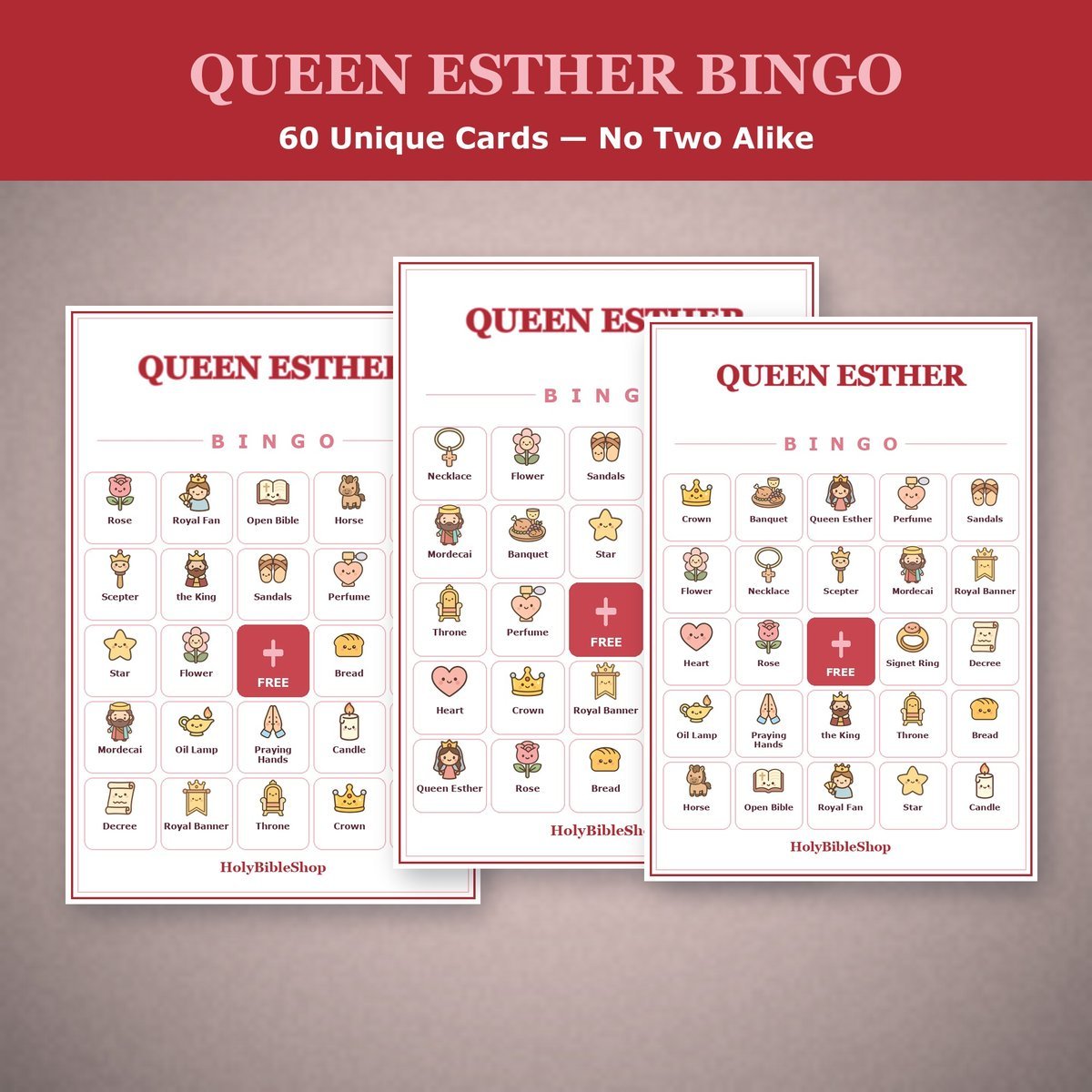 Queen Esther Bingo, 60 Printable Christian Cards, Bible Story Game, Sunday School Activity, Kids Bible Game, Women Bible Study — image 4