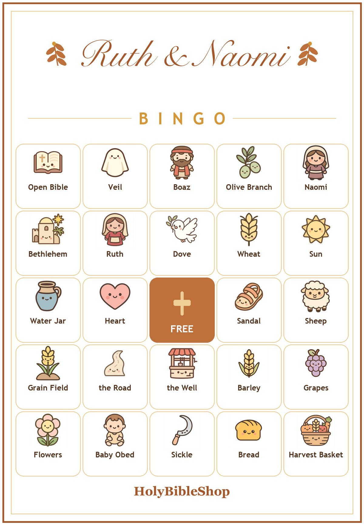 Ruth and Naomi Bingo, 60 Printable Christian Cards, Bible Story Game, Sunday School Activity, Kids Bible Game, Women Bible Study