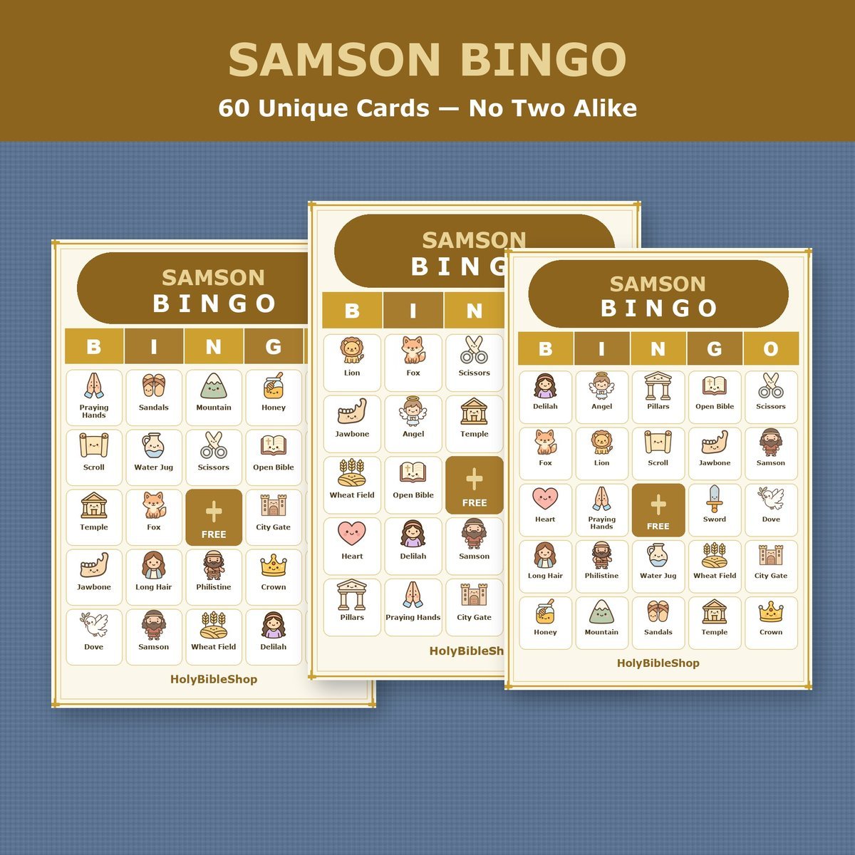 Samson Bingo, 60 Printable Christian Cards, Bible Story Game, Sunday School Activity, Kids Bible Game, Scripture Study — image 4
