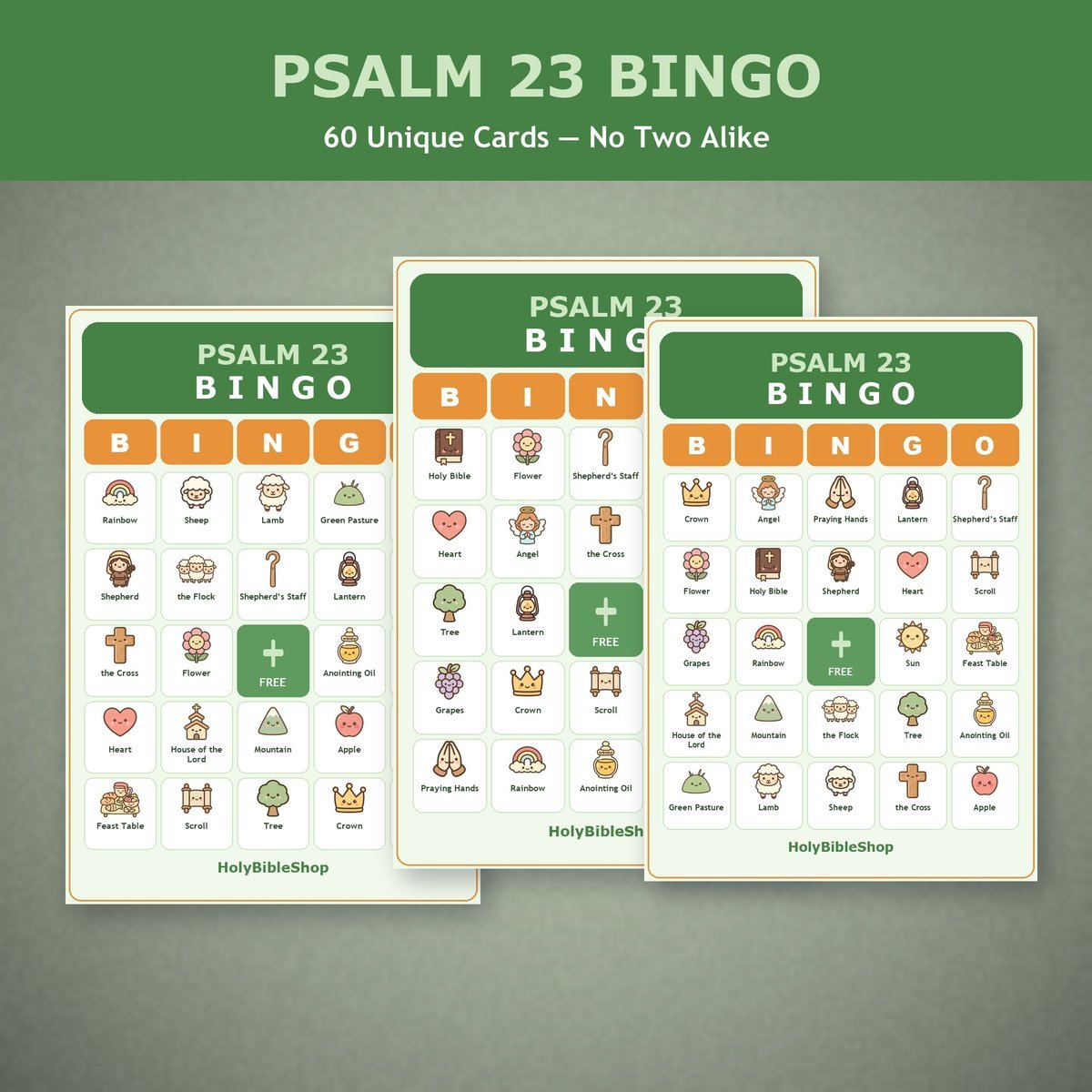 Psalm 23 Bingo, 60 Printable Christian Cards, The Good Shepherd, Sunday School Game, Bible Activity for Kids, Scripture Memory, Kids Church — image 4