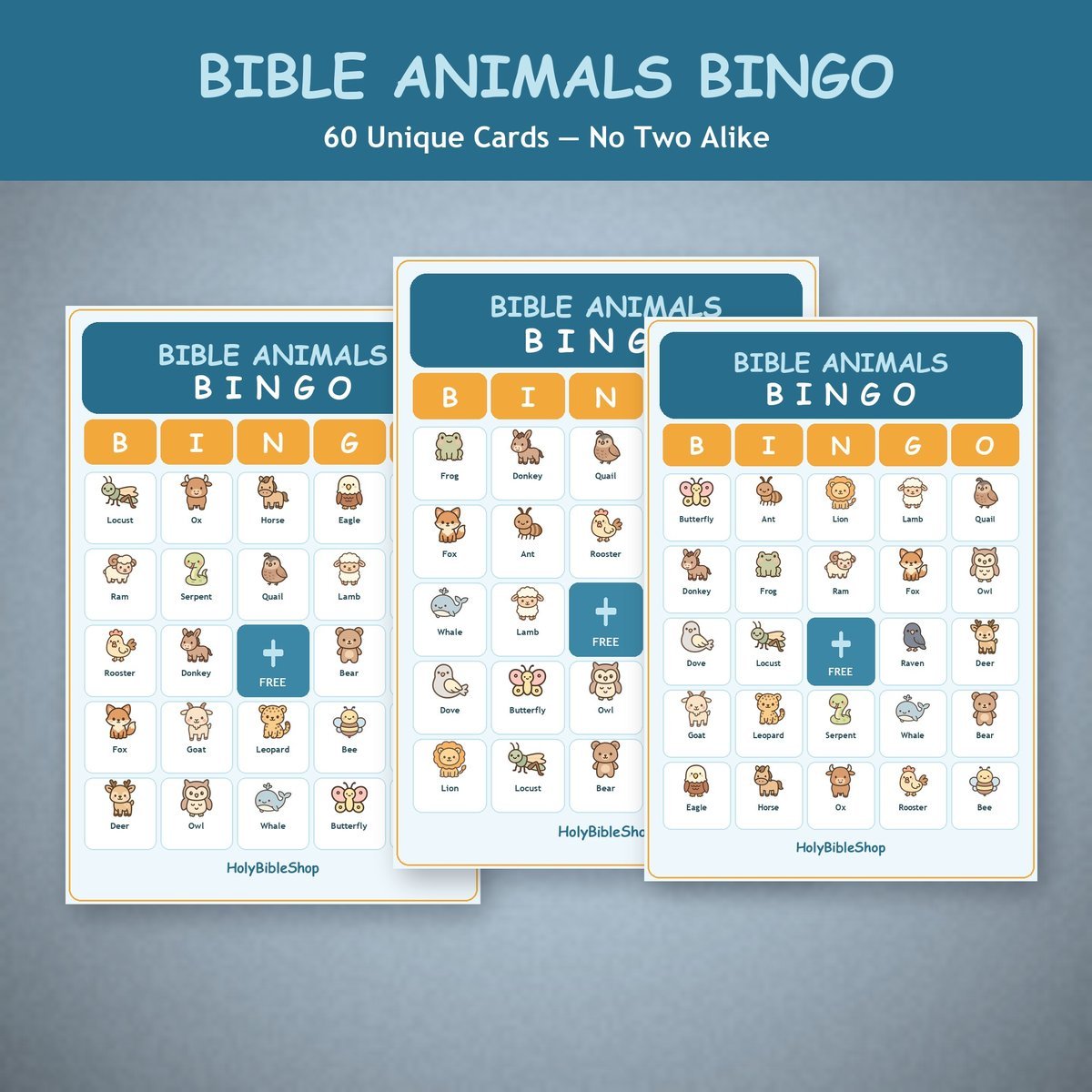 Bible Animals Bingo, 60 Printable Christian Cards, Bible Story Game, Sunday School Activity, Kids Bible Game, Noahs Ark Animals — image 4
