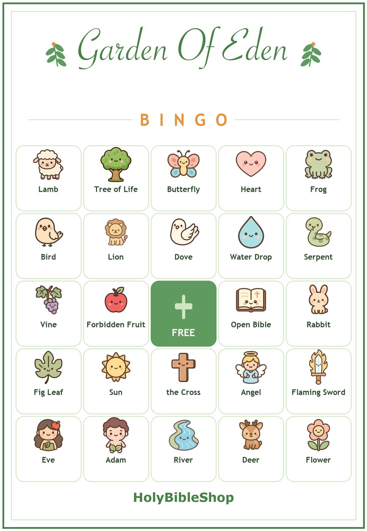 Garden of Eden Bingo, 60 Printable Christian Cards, Adam and Eve Game, Creation Bible Story, Sunday School, Kids Bible Game