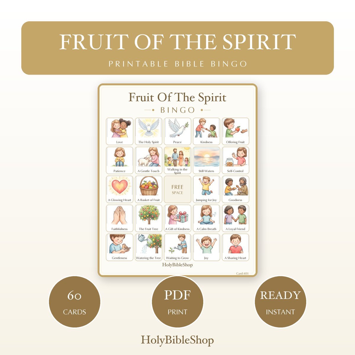 Fruit Of The Spirit Bingo | Printable Bible Bingo Game for Kids | 60 Cards Sunday School VBS Christian Watercolor PDF