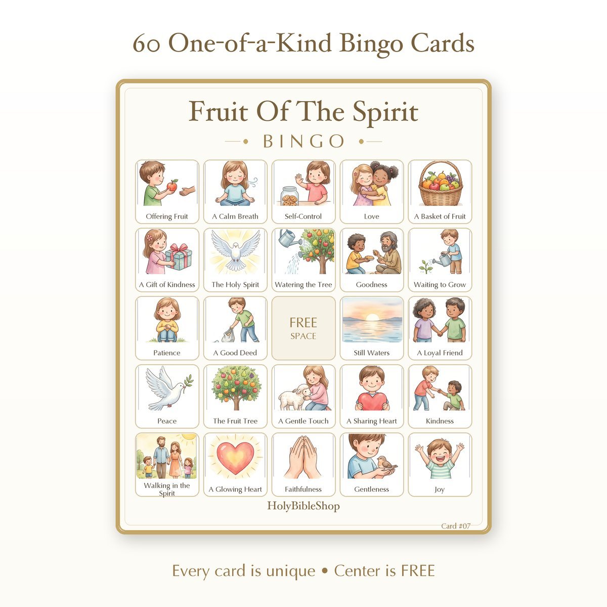 Fruit Of The Spirit Bingo | Printable Bible Bingo Game for Kids | 60 Cards Sunday School VBS Christian Watercolor PDF — image 2