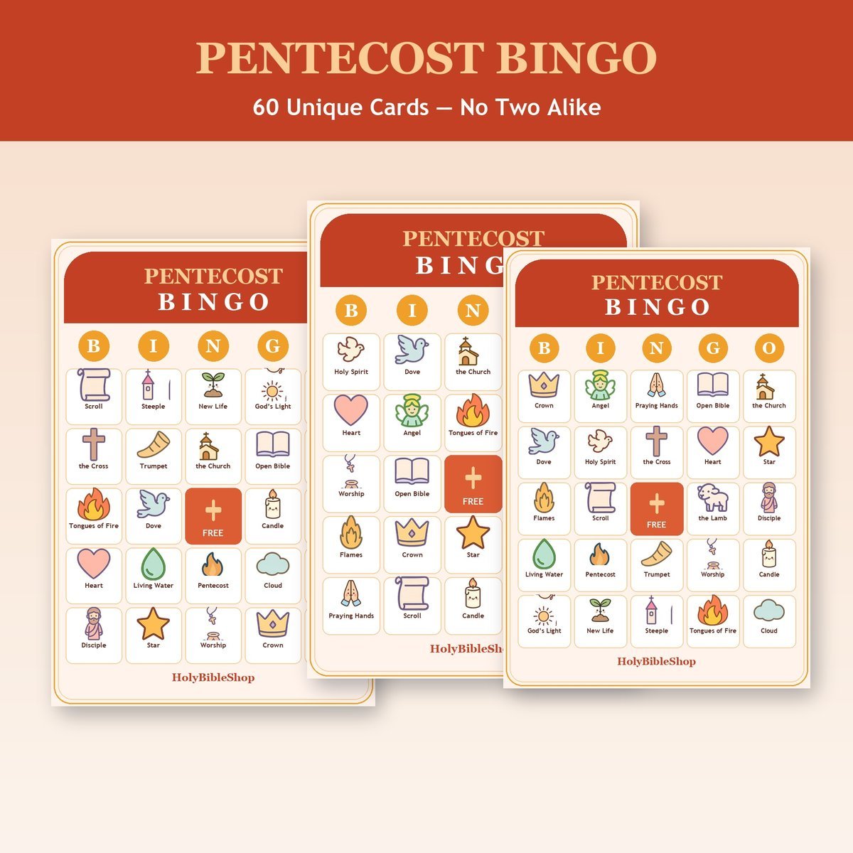 Pentecost Bingo, 60 Printable Christian Cards, Holy Spirit Bible Game, Sunday School Activity, Kids Bible Game, Acts 2 — image 4