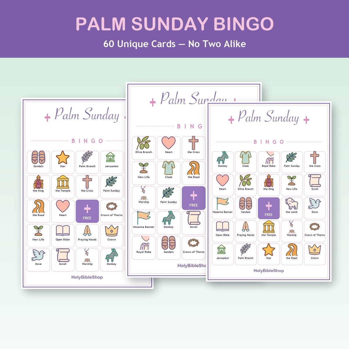Palm Sunday Bingo, 60 Printable Christian Cards, Holy Week Bible Game, Sunday School Activity, Kids Bible Game, Easter — image 4