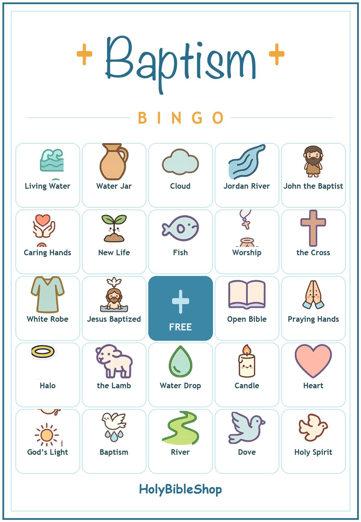 Baptism Bingo, 60 Printable Christian Cards, Bible Baptism Game, Sunday School Activity, Kids Bible Game, Jesus Baptized