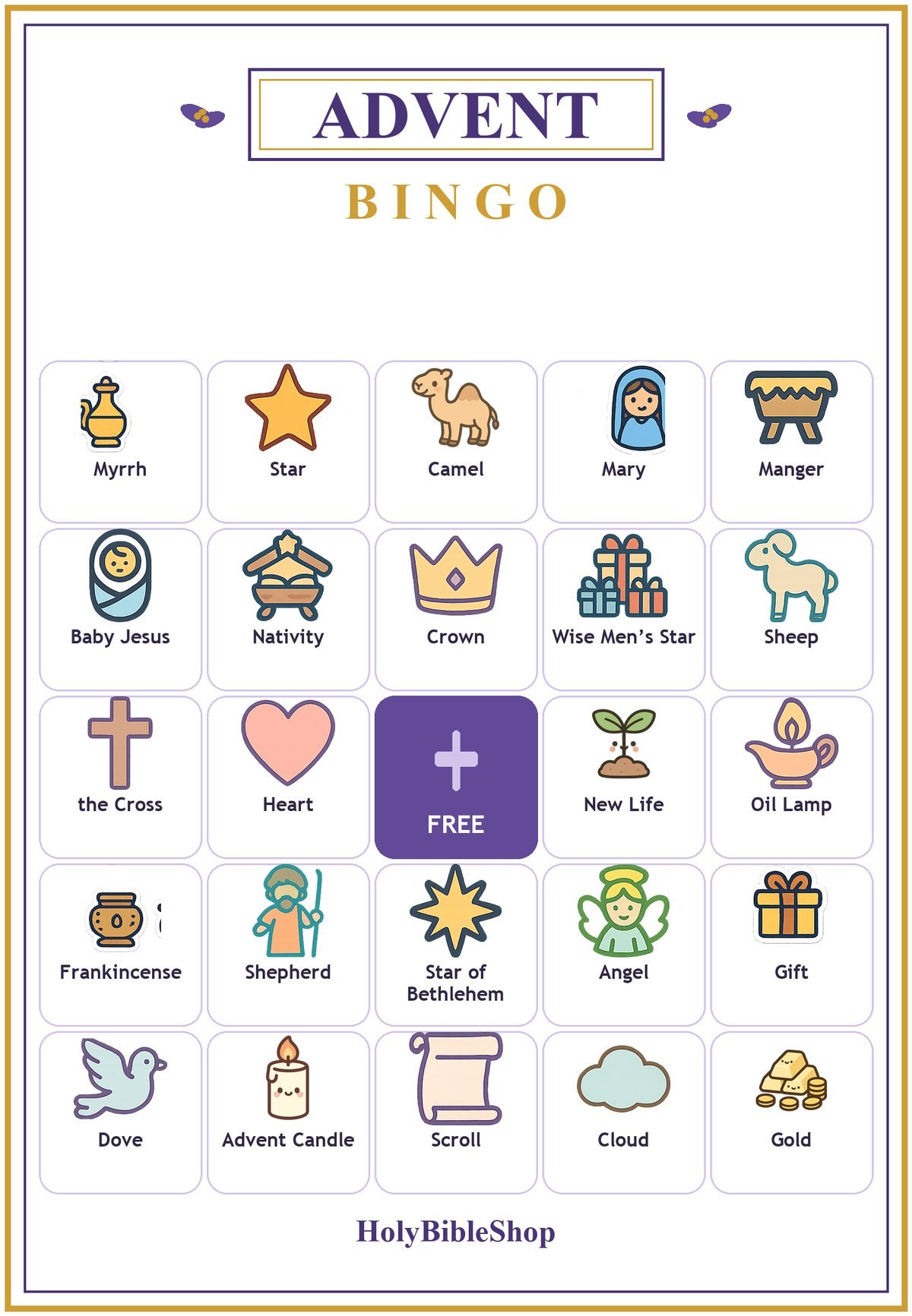 Advent Bingo, 60 Printable Christian Cards, Christmas Countdown Game, Sunday School Activity, Kids Bible Game, Nativity Bingo