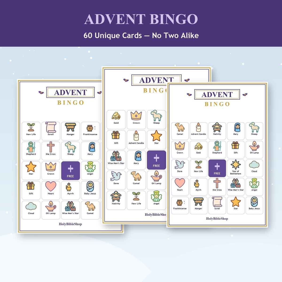 Advent Bingo, 60 Printable Christian Cards, Christmas Countdown Game, Sunday School Activity, Kids Bible Game, Nativity Bingo — image 4