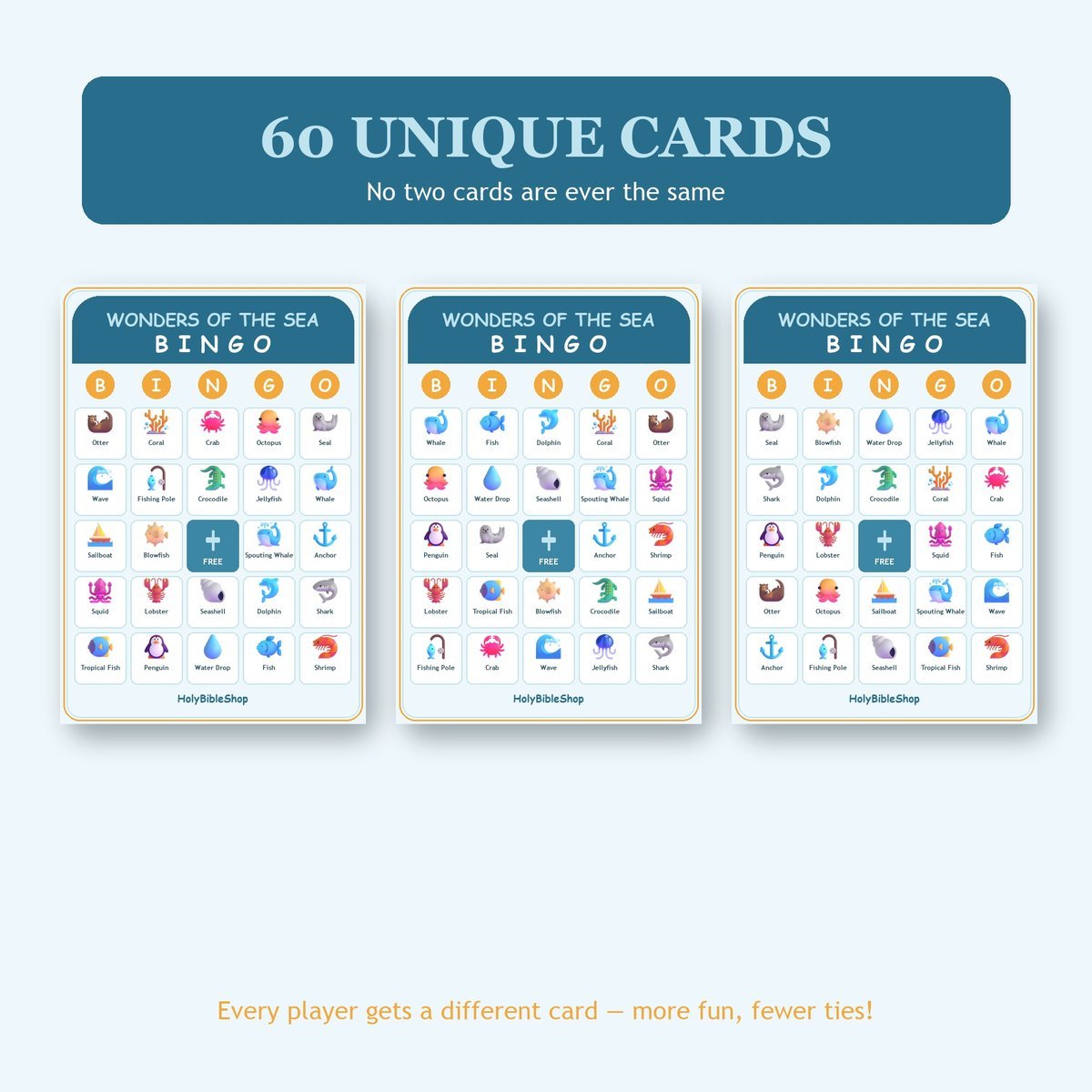 Wonders of the Sea Bingo, 60 Printable Bingo Cards, Christian Wonders Sea Game, Sunday School & Church Activity, Instant Download — image 4