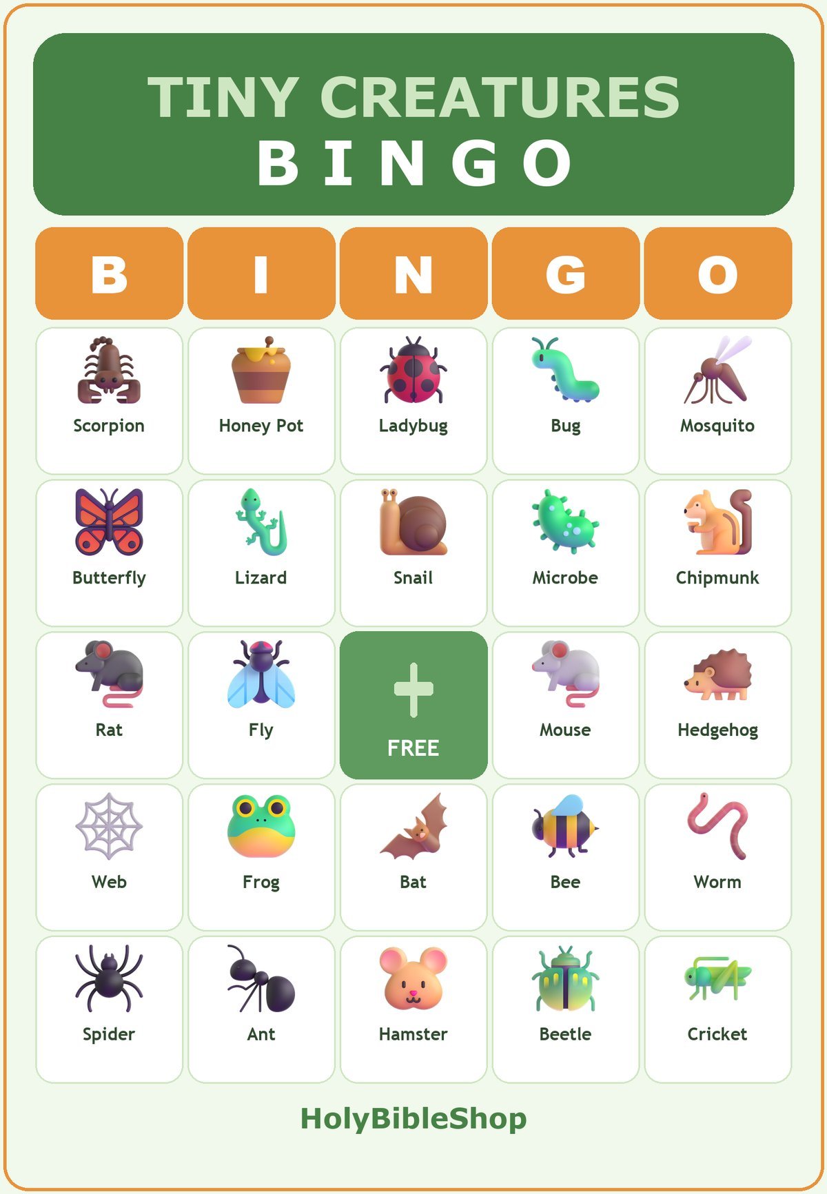 Gods Tiny Creatures Bingo, 60 Printable Bingo Cards, Christian Tiny Creatures Game, Sunday School & Church Activity, Instant Download