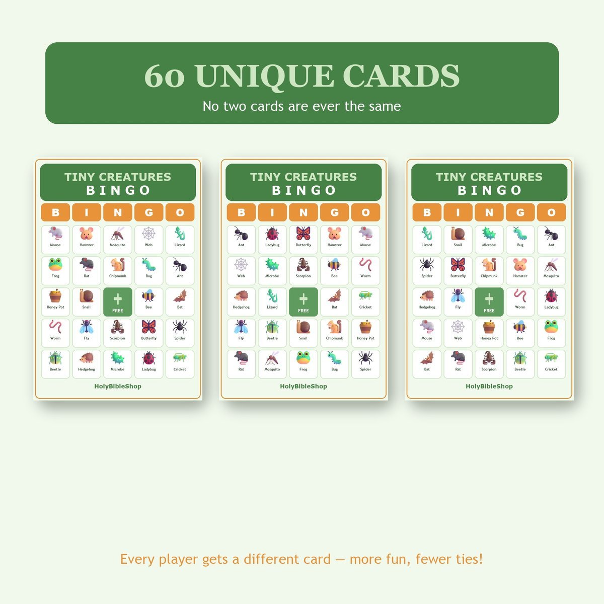 Gods Tiny Creatures Bingo, 60 Printable Bingo Cards, Christian Tiny Creatures Game, Sunday School & Church Activity, Instant Download — image 4