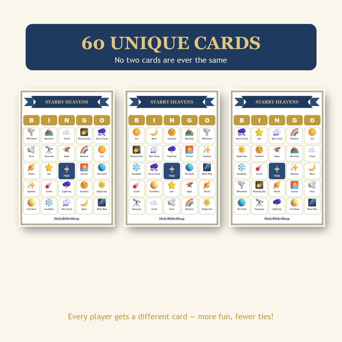 Starry Heavens Bingo, 60 Printable Bingo Cards, Christian Starry Heavens Game, Sunday School & Church Activity, Instant Download — image 4