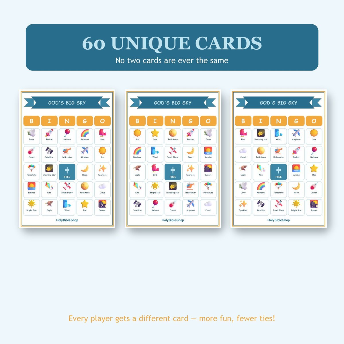 Gods Big Sky Bingo, 60 Printable Bingo Cards, Christian Big Sky Game, Sunday School & Church Activity, Instant Download — image 4