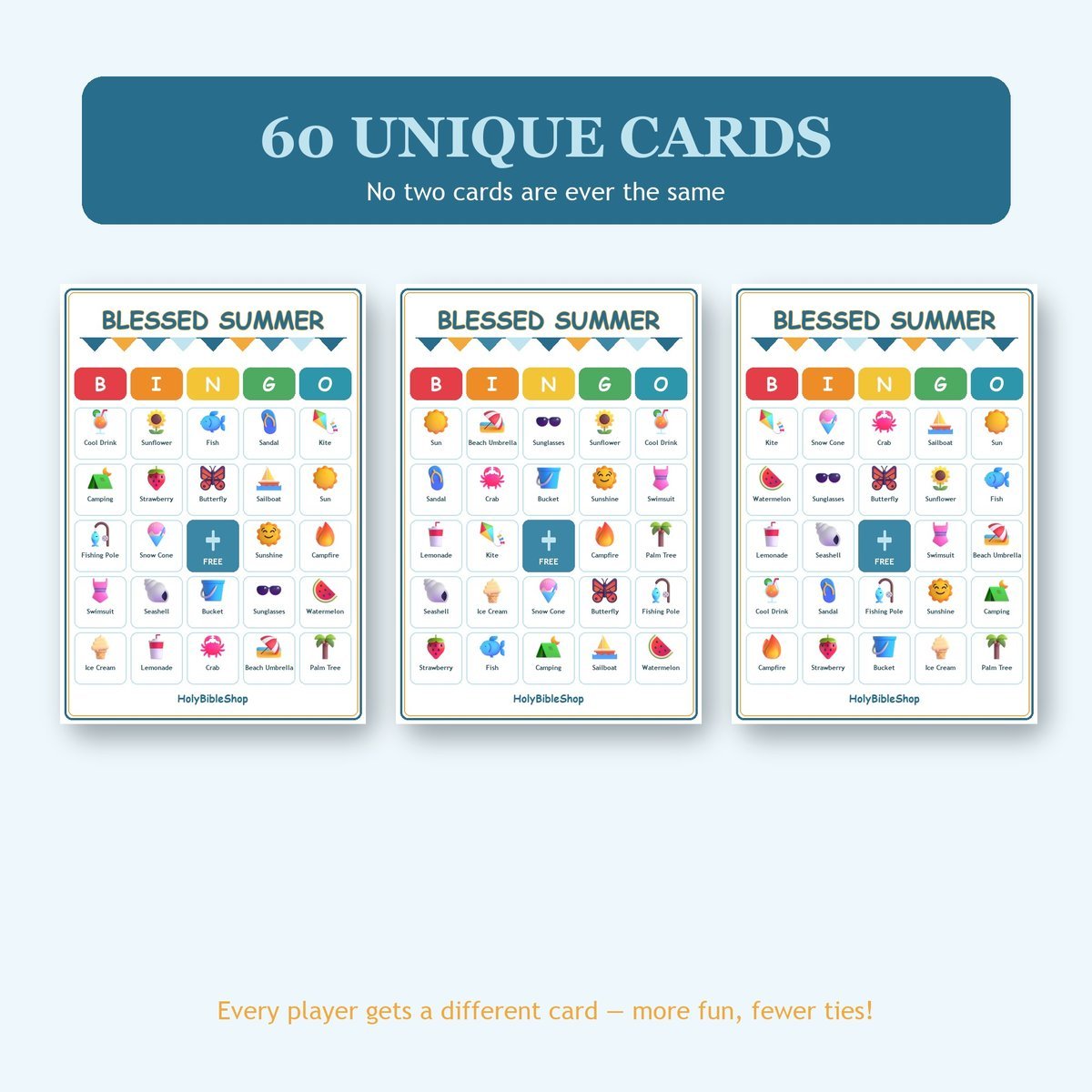 Blessed Summer Bingo, 60 Printable Bingo Cards, Christian Summer Game, Sunday School & Church Activity, Instant Download — image 4