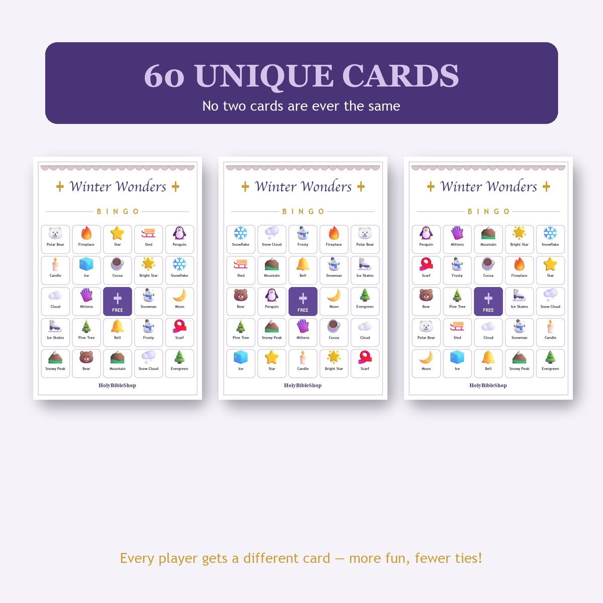 Winter Wonders Bingo, 60 Printable Bingo Cards, Christian Winter Wonders Game, Sunday School & Church Activity, Instant Download — image 4