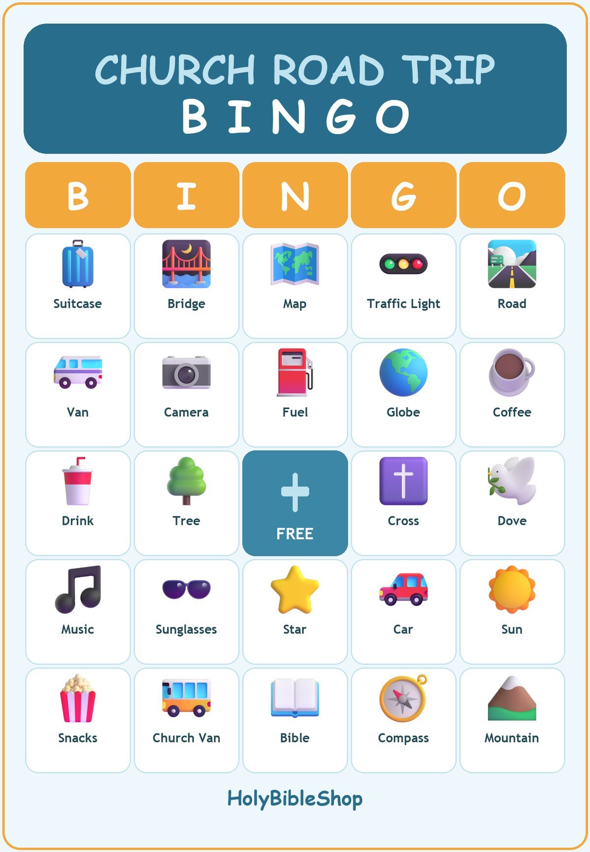 Church Road Trip Bingo, 60 Printable Bingo Cards, Christian Church Road Trip Game, Sunday School & Church Activity, Instant Download