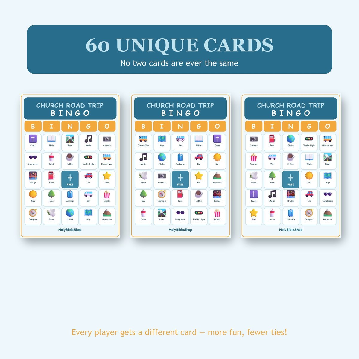 Church Road Trip Bingo, 60 Printable Bingo Cards, Christian Church Road Trip Game, Sunday School & Church Activity, Instant Download — image 4