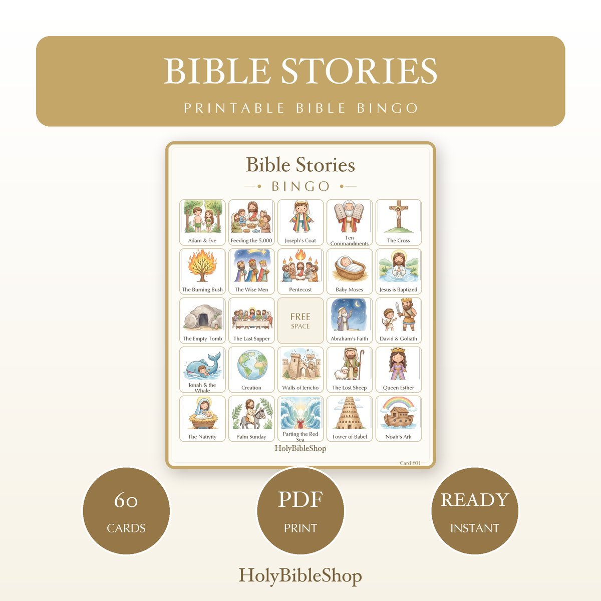 Bible Stories Bingo | Printable Bible Bingo Game for Kids | 60 Cards Sunday School VBS Christian Watercolor PDF
