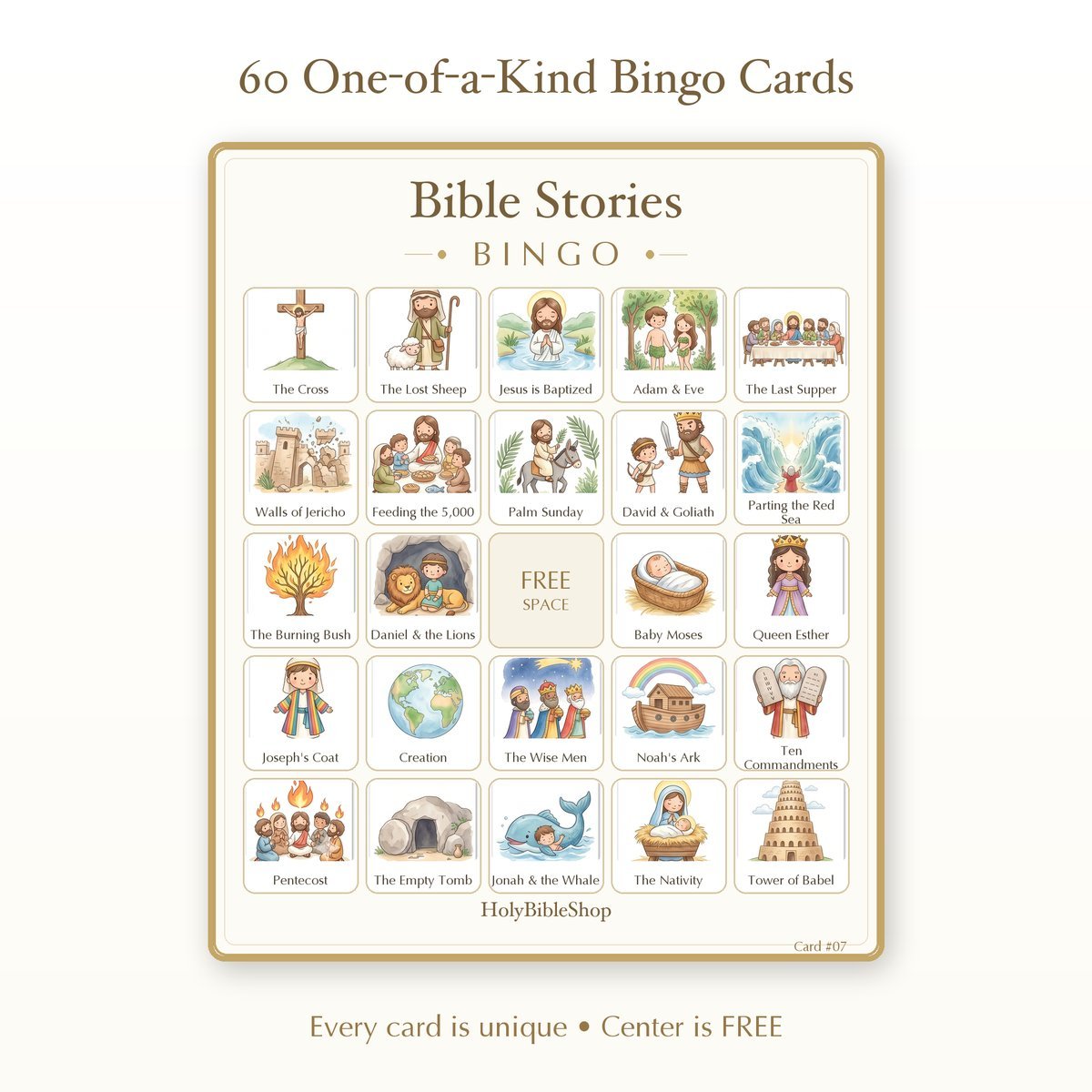 Bible Stories Bingo | Printable Bible Bingo Game for Kids | 60 Cards Sunday School VBS Christian Watercolor PDF — image 2