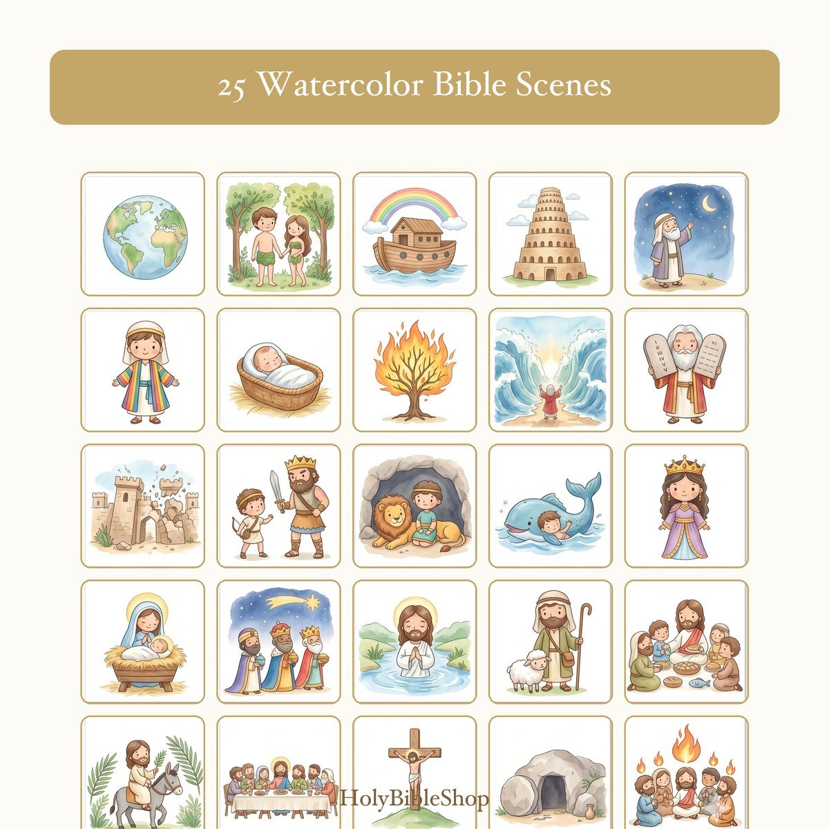 Bible Stories Bingo | Printable Bible Bingo Game for Kids | 60 Cards Sunday School VBS Christian Watercolor PDF — image 3