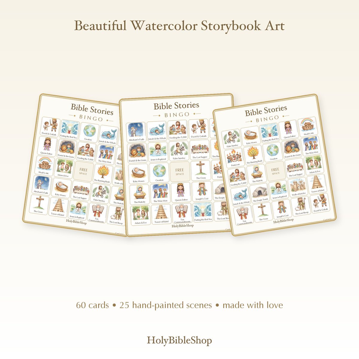 Bible Stories Bingo | Printable Bible Bingo Game for Kids | 60 Cards Sunday School VBS Christian Watercolor PDF — image 7