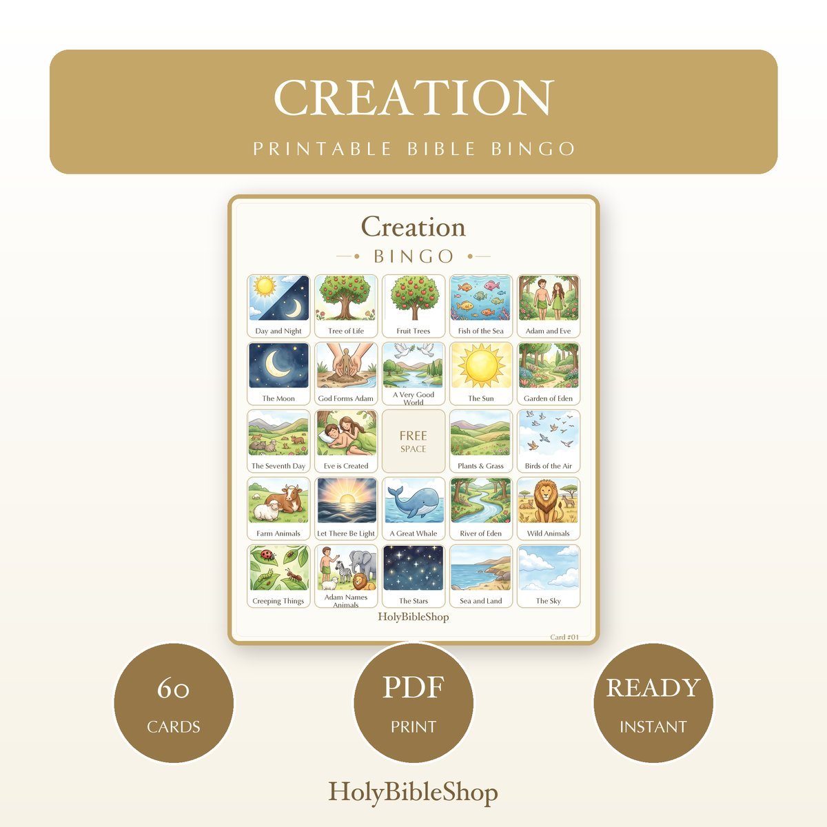 Creation Bingo | Printable Bible Bingo Game for Kids | 60 Cards Sunday School VBS Christian Watercolor PDF