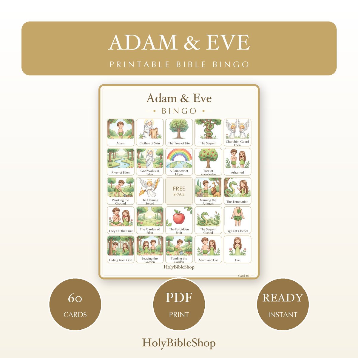 Adam & Eve Bingo | Printable Bible Bingo Game for Kids | 60 Cards Sunday School VBS Christian Watercolor PDF