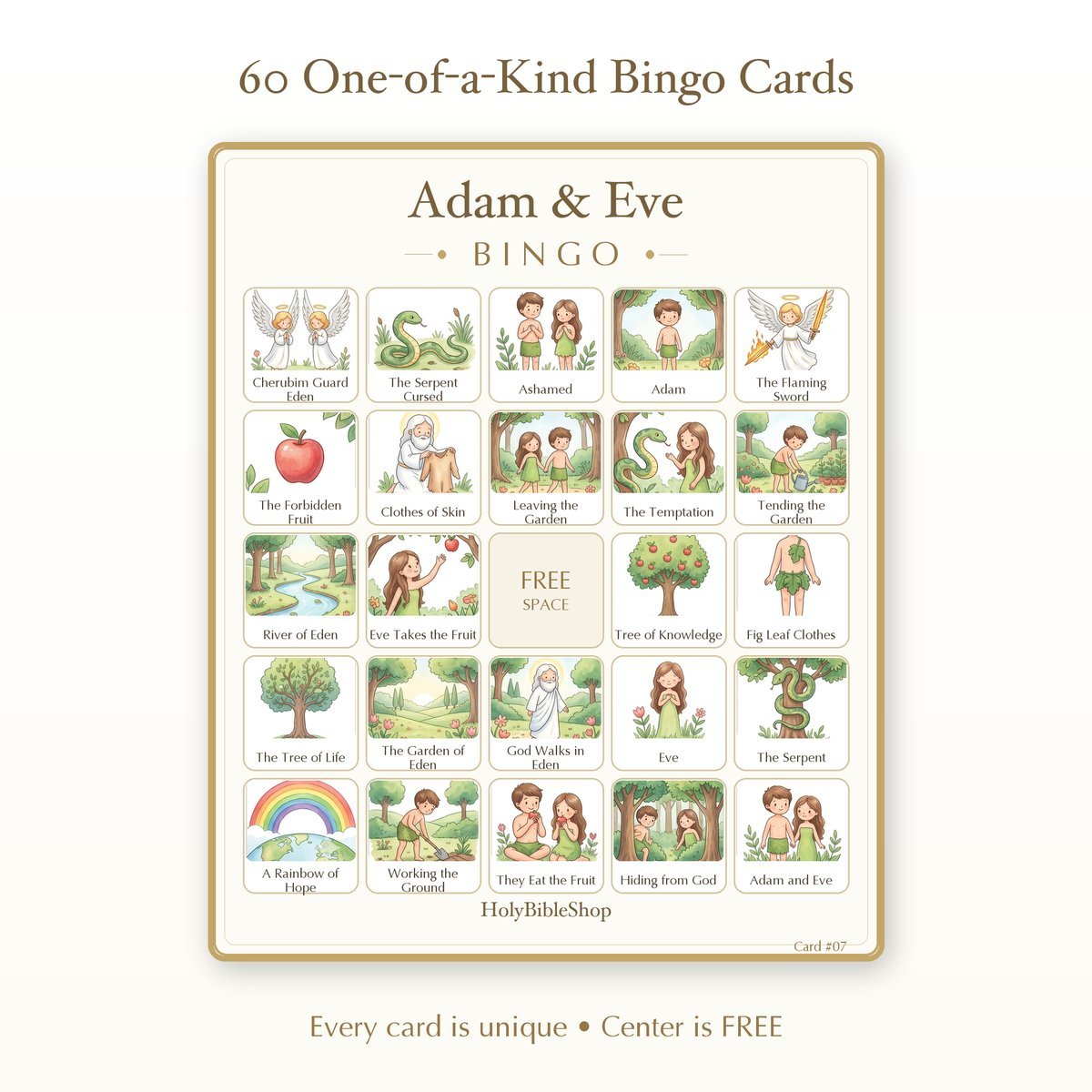 Adam & Eve Bingo | Printable Bible Bingo Game for Kids | 60 Cards Sunday School VBS Christian Watercolor PDF — image 2