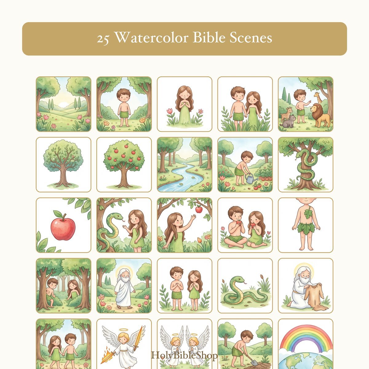 Adam & Eve Bingo | Printable Bible Bingo Game for Kids | 60 Cards Sunday School VBS Christian Watercolor PDF — image 3