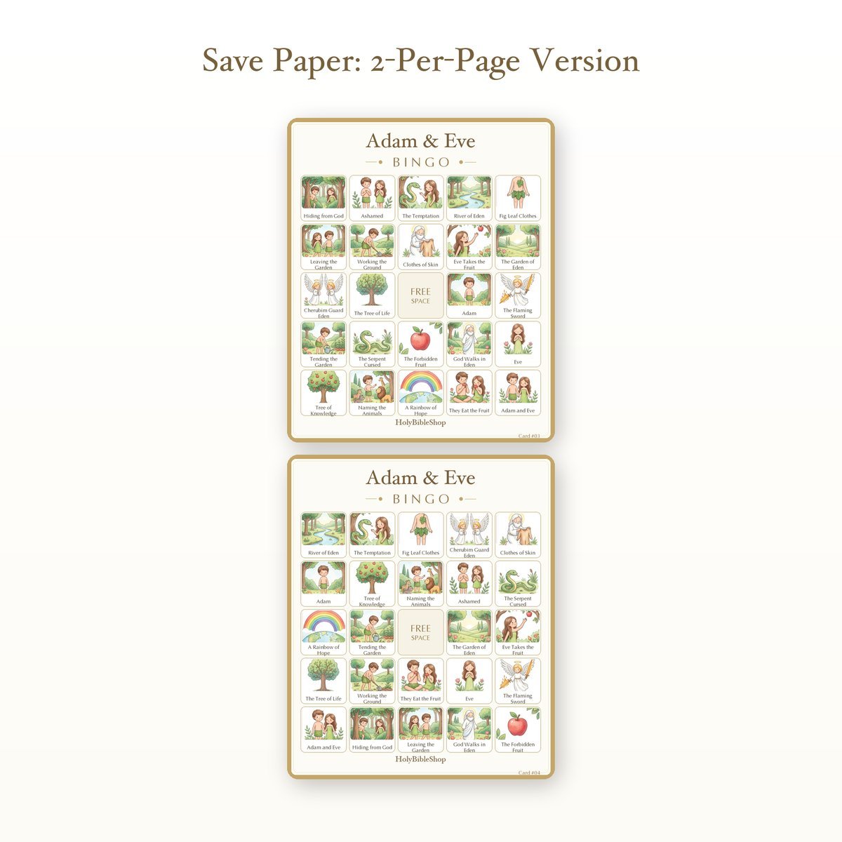 Adam & Eve Bingo | Printable Bible Bingo Game for Kids | 60 Cards Sunday School VBS Christian Watercolor PDF — image 6
