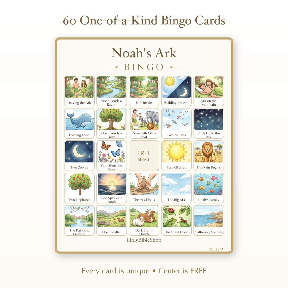 Noah's Ark Bingo | Printable Bible Bingo Game for Kids | 60 Cards Sunday School VBS Christian Watercolor PDF — image 2