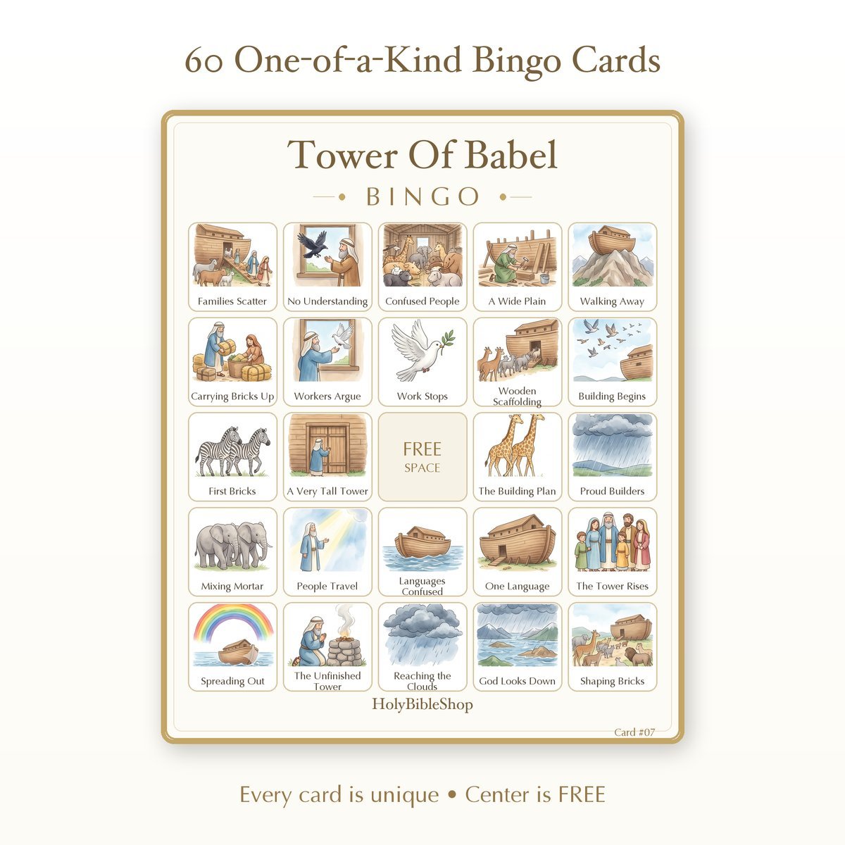 Tower Of Babel Bingo | Printable Bible Bingo Game for Kids | 60 Cards Sunday School VBS Christian Watercolor PDF — image 2