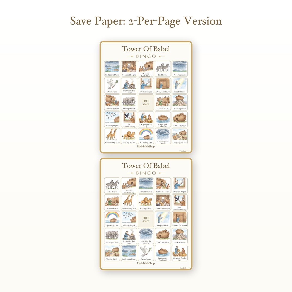 Tower Of Babel Bingo | Printable Bible Bingo Game for Kids | 60 Cards Sunday School VBS Christian Watercolor PDF — image 6