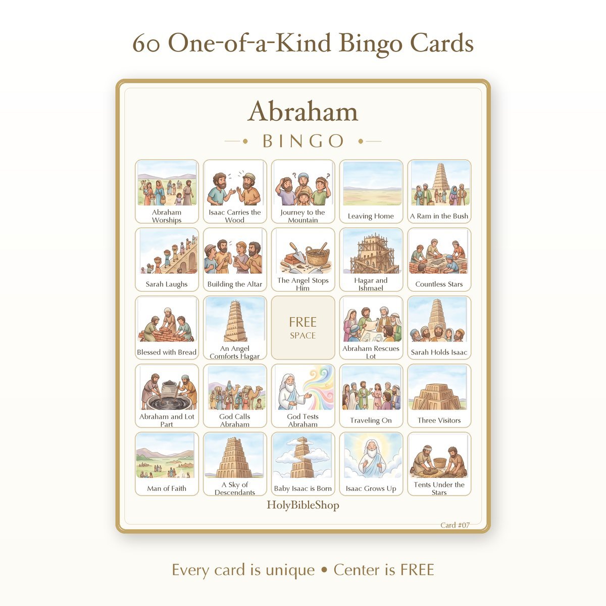 Abraham Bingo | Printable Bible Bingo Game for Kids | 60 Cards Sunday School VBS Christian Watercolor PDF — image 2