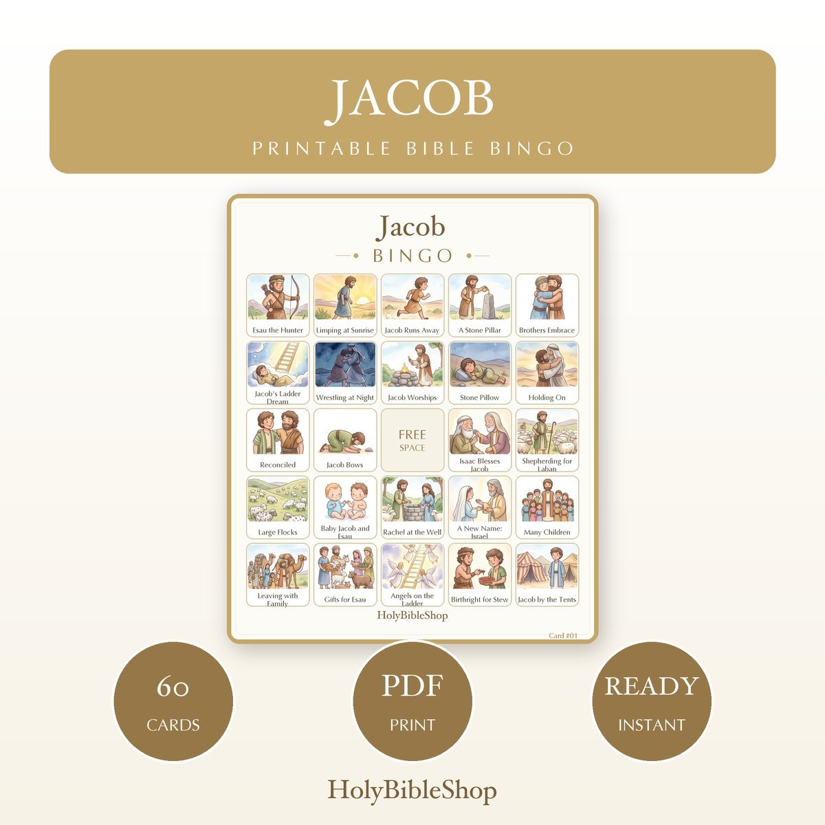 Jacob Bingo | Printable Bible Bingo Game for Kids | 60 Cards Sunday School VBS Christian Watercolor PDF