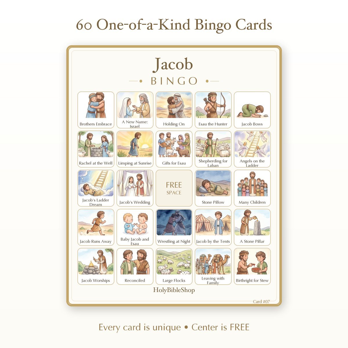 Jacob Bingo | Printable Bible Bingo Game for Kids | 60 Cards Sunday School VBS Christian Watercolor PDF — image 2