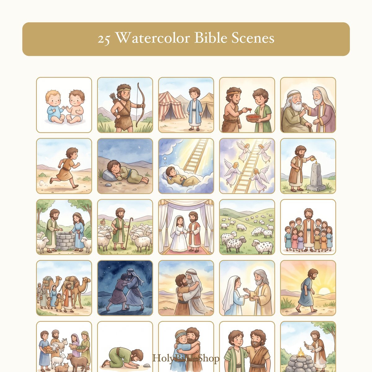 Jacob Bingo | Printable Bible Bingo Game for Kids | 60 Cards Sunday School VBS Christian Watercolor PDF — image 3