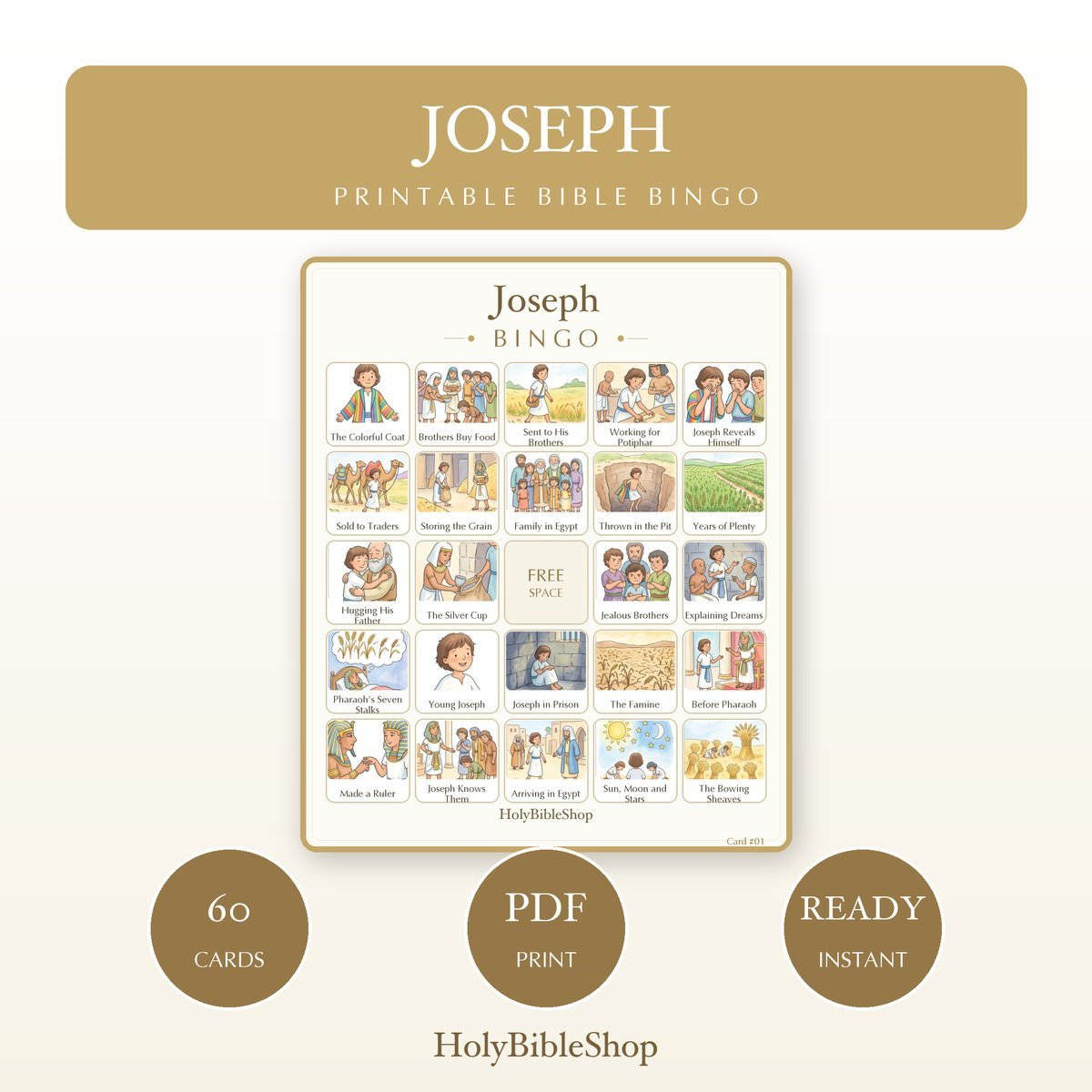 Joseph Bingo | Printable Bible Bingo Game for Kids | 60 Cards Sunday School VBS Christian Watercolor PDF