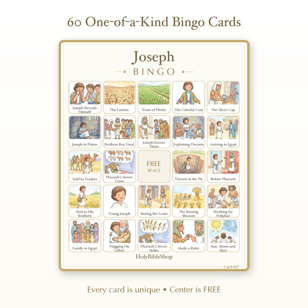 Joseph Bingo | Printable Bible Bingo Game for Kids | 60 Cards Sunday School VBS Christian Watercolor PDF — image 2